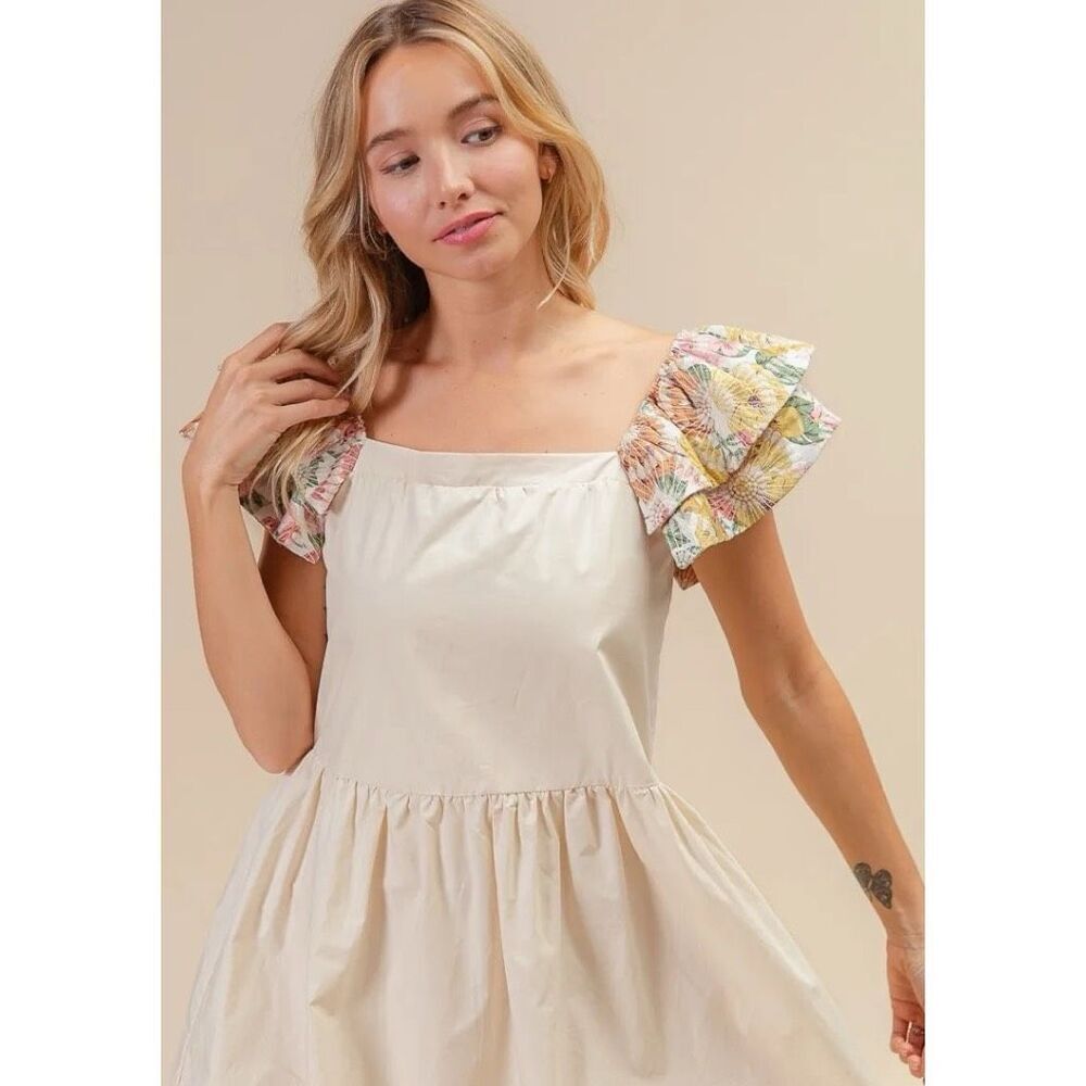 BiBi Floral Print Flutter Sleeve Babydoll Mini Dress Size XL NWT - Picture 7 of 14